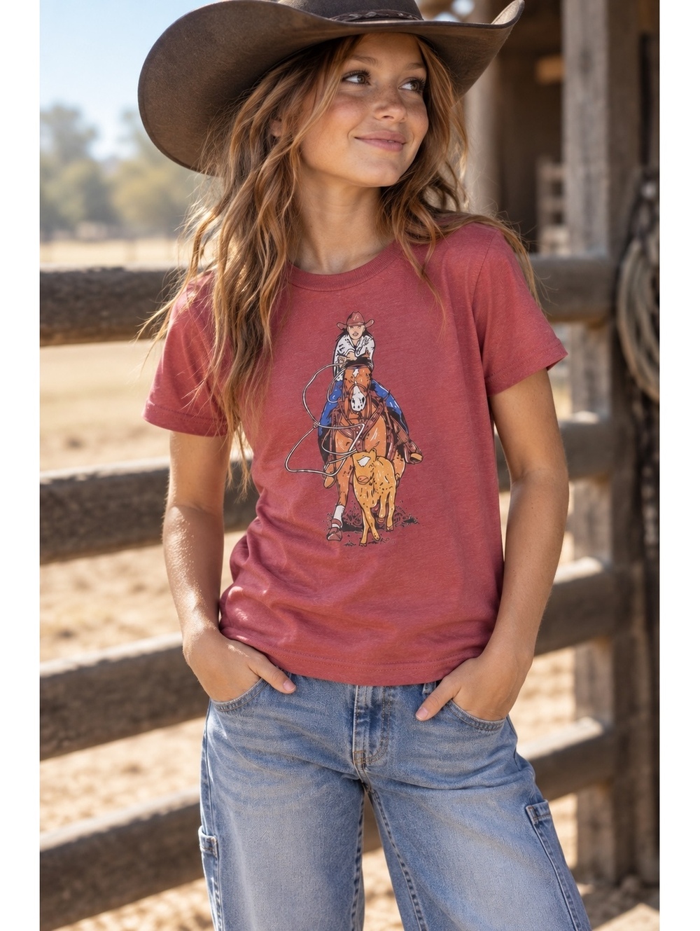 Buckin Baby Ranch Cowgirl Rodeo Graphic Tee Youth M Dusty Rose